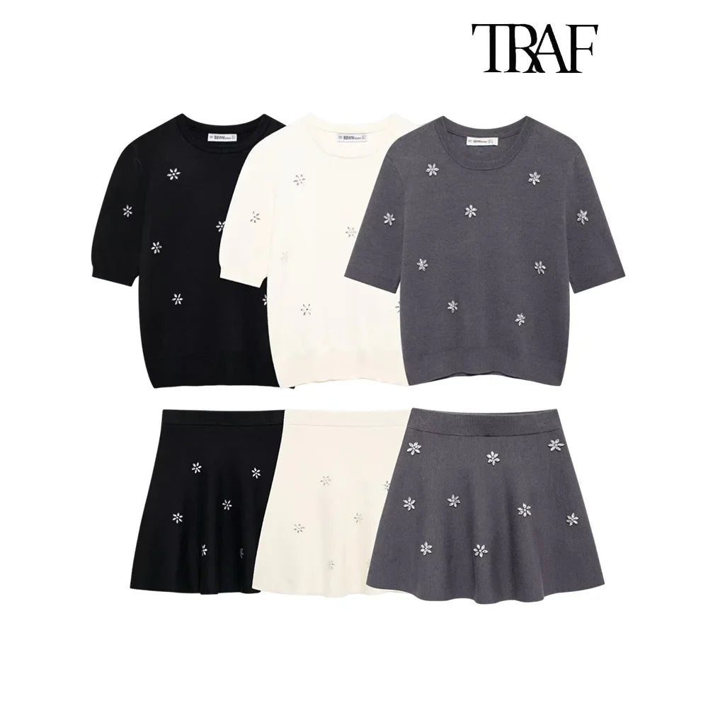Womens Studded Flower Knit Set with Short Sleeve Round Neck Top and Elastic Waist Skirt Autumn Winter Fashion Ensemble