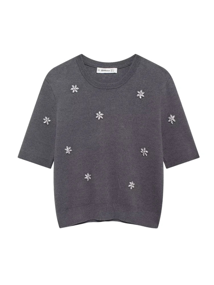 Womens Studded Flower Knit Set with Short Sleeve Round Neck Top and Elastic Waist Skirt Autumn Winter Fashion Ensemble