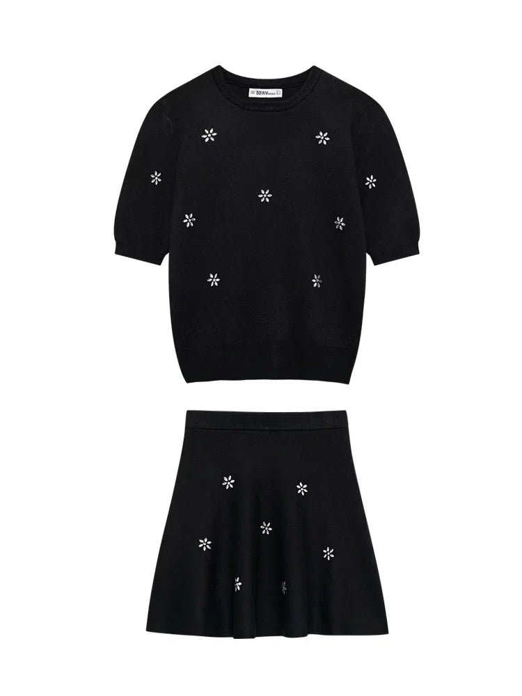 Womens Studded Flower Knit Set with Short Sleeve Round Neck Top and Elastic Waist Skirt Autumn Winter Fashion Ensemble