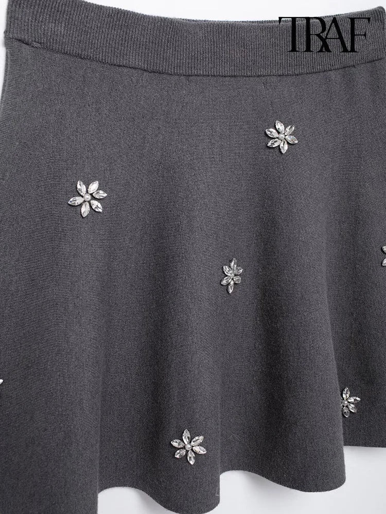 Womens Studded Flower Knit Set with Short Sleeve Round Neck Top and Elastic Waist Skirt Autumn Winter Fashion Ensemble