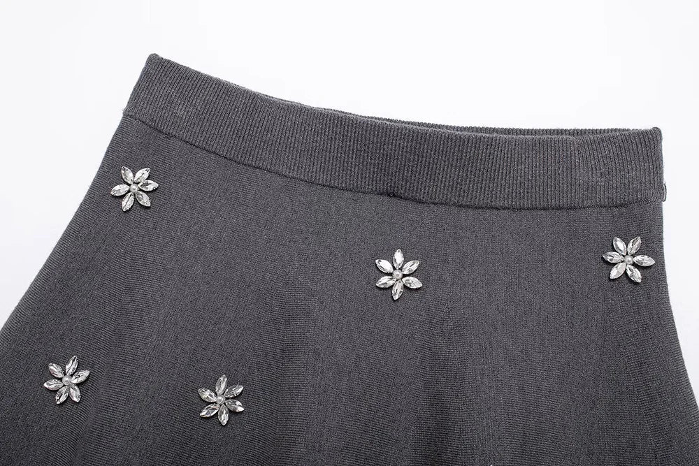 Womens Studded Flower Knit Set with Short Sleeve Round Neck Top and Elastic Waist Skirt Autumn Winter Fashion Ensemble