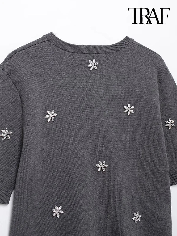 Womens Studded Flower Knit Set with Short Sleeve Round Neck Top and Elastic Waist Skirt Autumn Winter Fashion Ensemble