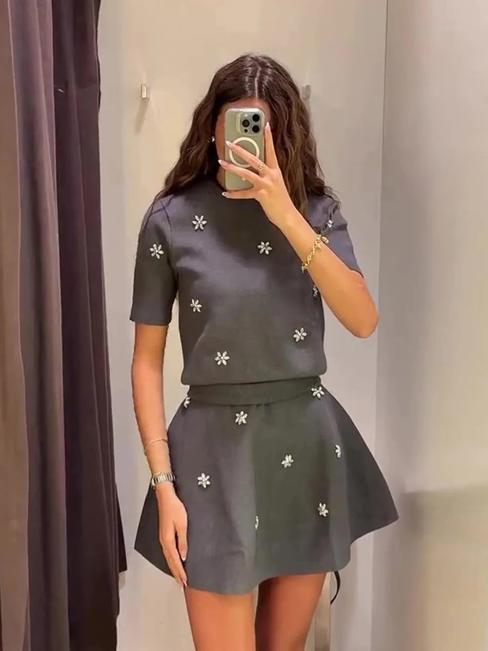 Womens Studded Flower Knit Set with Short Sleeve Round Neck Top and Elastic Waist Skirt Autumn Winter Fashion Ensemble