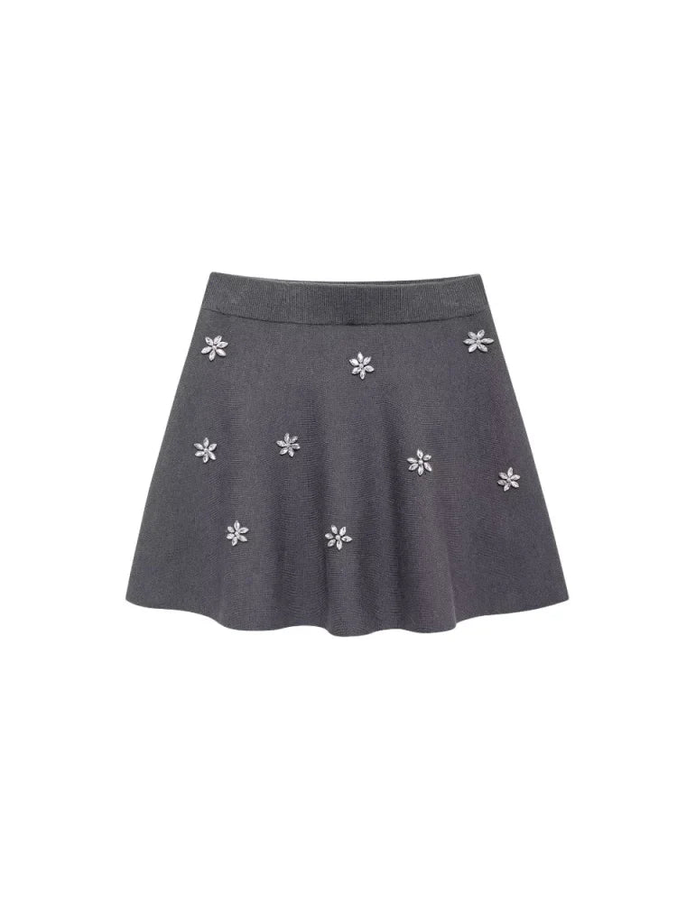 Womens Studded Flower Knit Set with Short Sleeve Round Neck Top and Elastic Waist Skirt Autumn Winter Fashion Ensemble