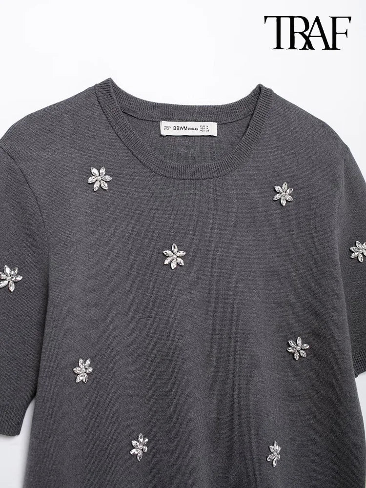 Womens Studded Flower Knit Set with Short Sleeve Round Neck Top and Elastic Waist Skirt Autumn Winter Fashion Ensemble