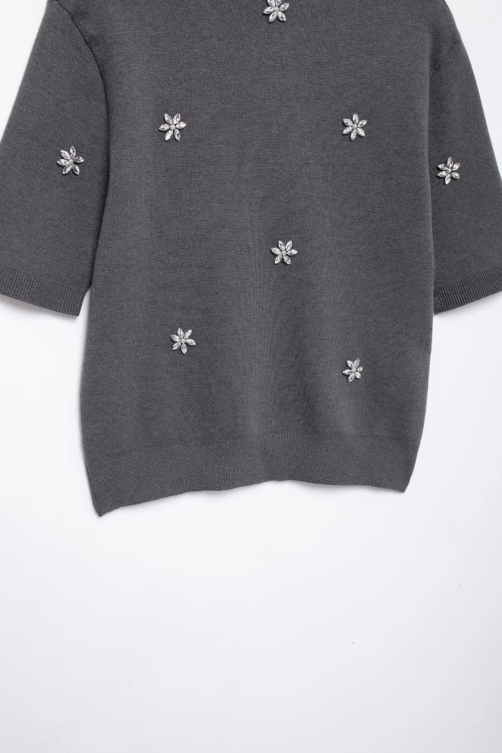 Womens Studded Flower Knit Set with Short Sleeve Round Neck Top and Elastic Waist Skirt Autumn Winter Fashion Ensemble