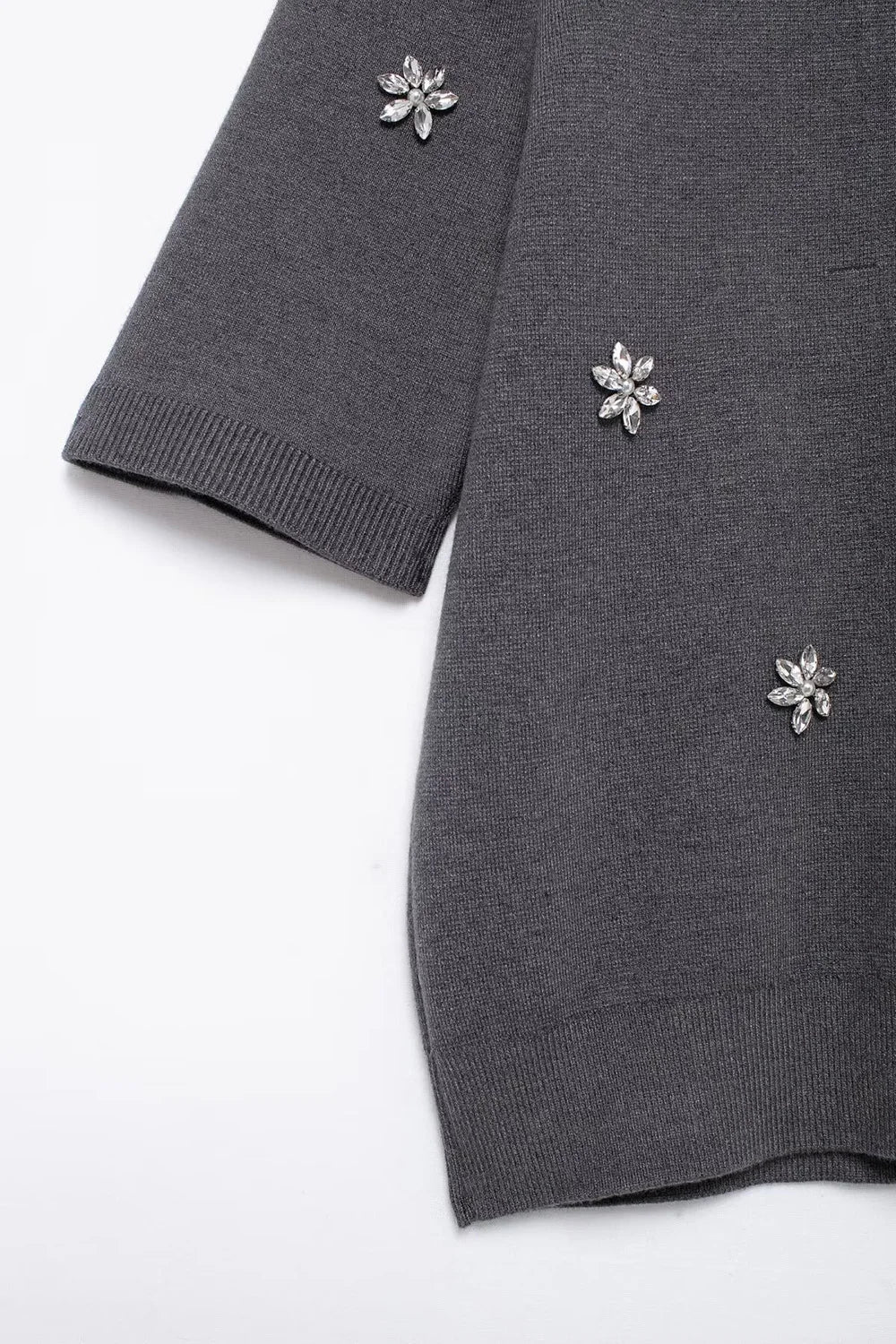 Womens Studded Flower Knit Set with Short Sleeve Round Neck Top and Elastic Waist Skirt Autumn Winter Fashion Ensemble