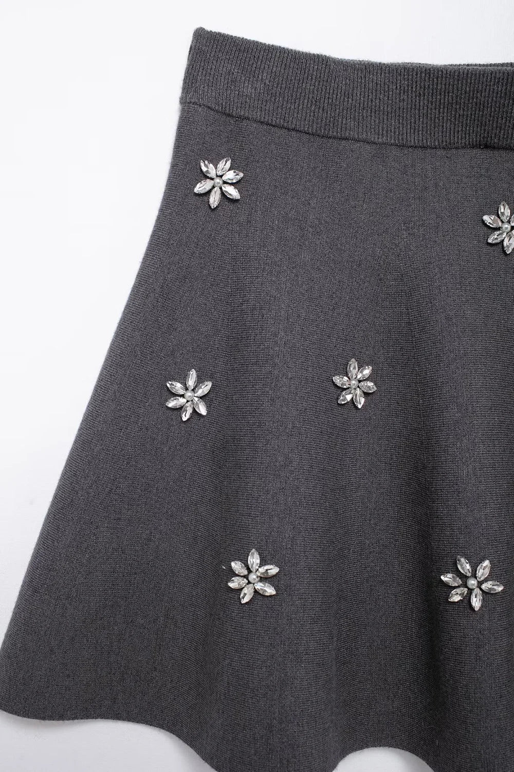 Womens Studded Flower Knit Set with Short Sleeve Round Neck Top and Elastic Waist Skirt Autumn Winter Fashion Ensemble