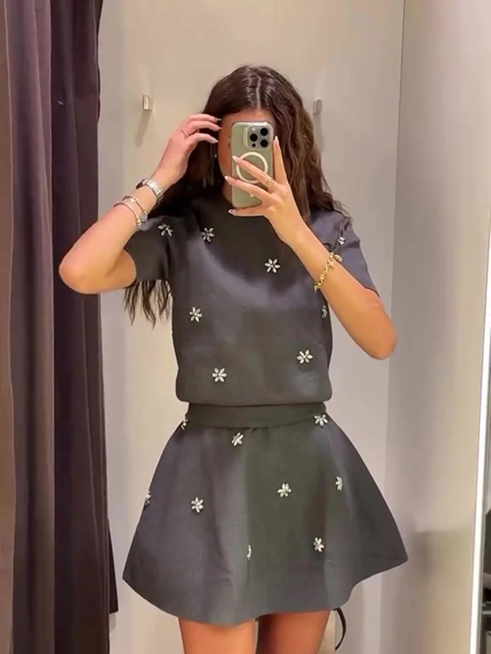 Womens Studded Flower Knit Set with Short Sleeve Round Neck Top and Elastic Waist Skirt Autumn Winter Fashion Ensemble