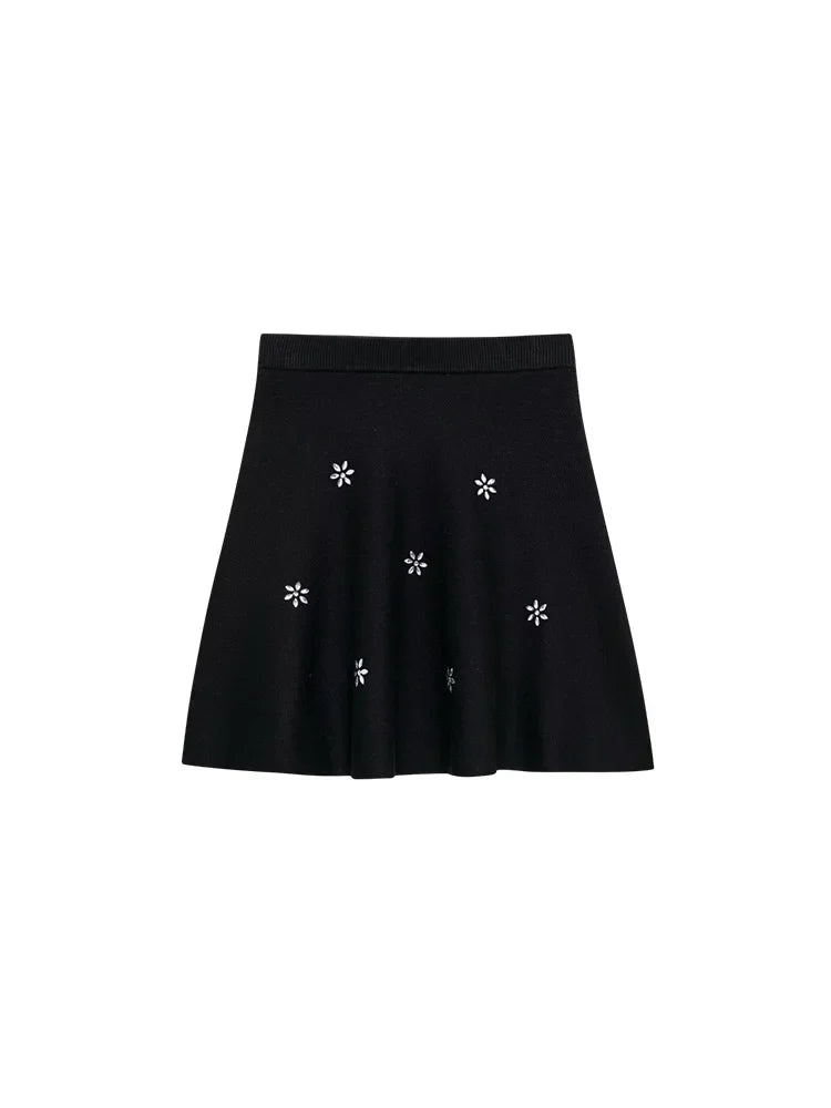 Womens Studded Flower Knit Set with Short Sleeve Round Neck Top and Elastic Waist Skirt Autumn Winter Fashion Ensemble