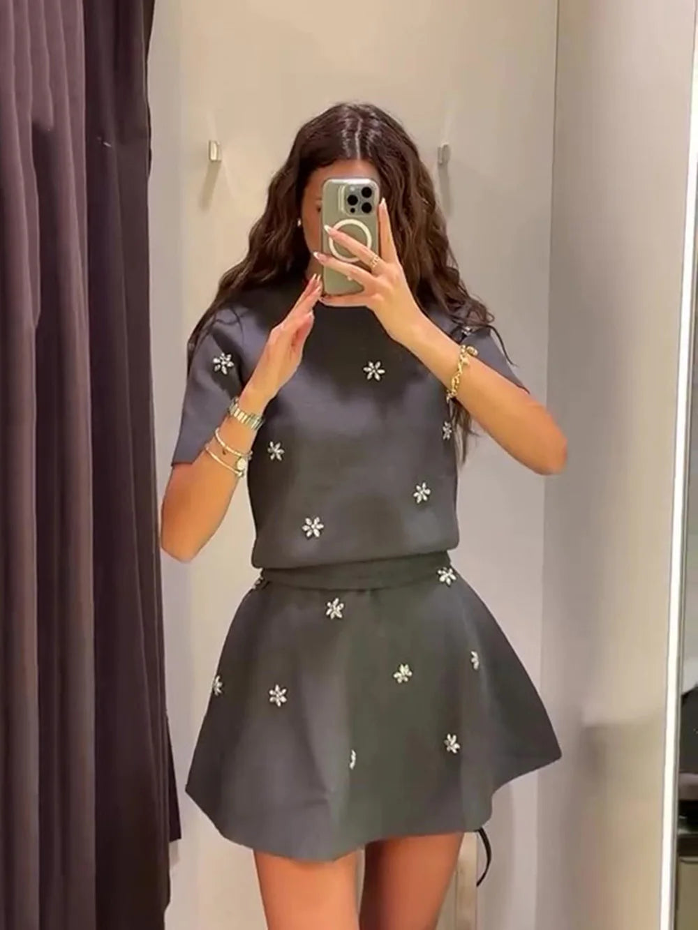 Womens Studded Flower Knit Set with Short Sleeve Round Neck Top and Elastic Waist Skirt Autumn Winter Fashion Ensemble