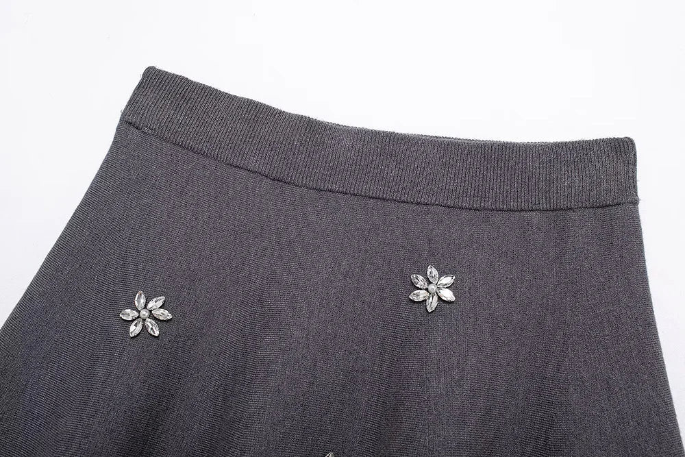 Womens Studded Flower Knit Set with Short Sleeve Round Neck Top and Elastic Waist Skirt Autumn Winter Fashion Ensemble