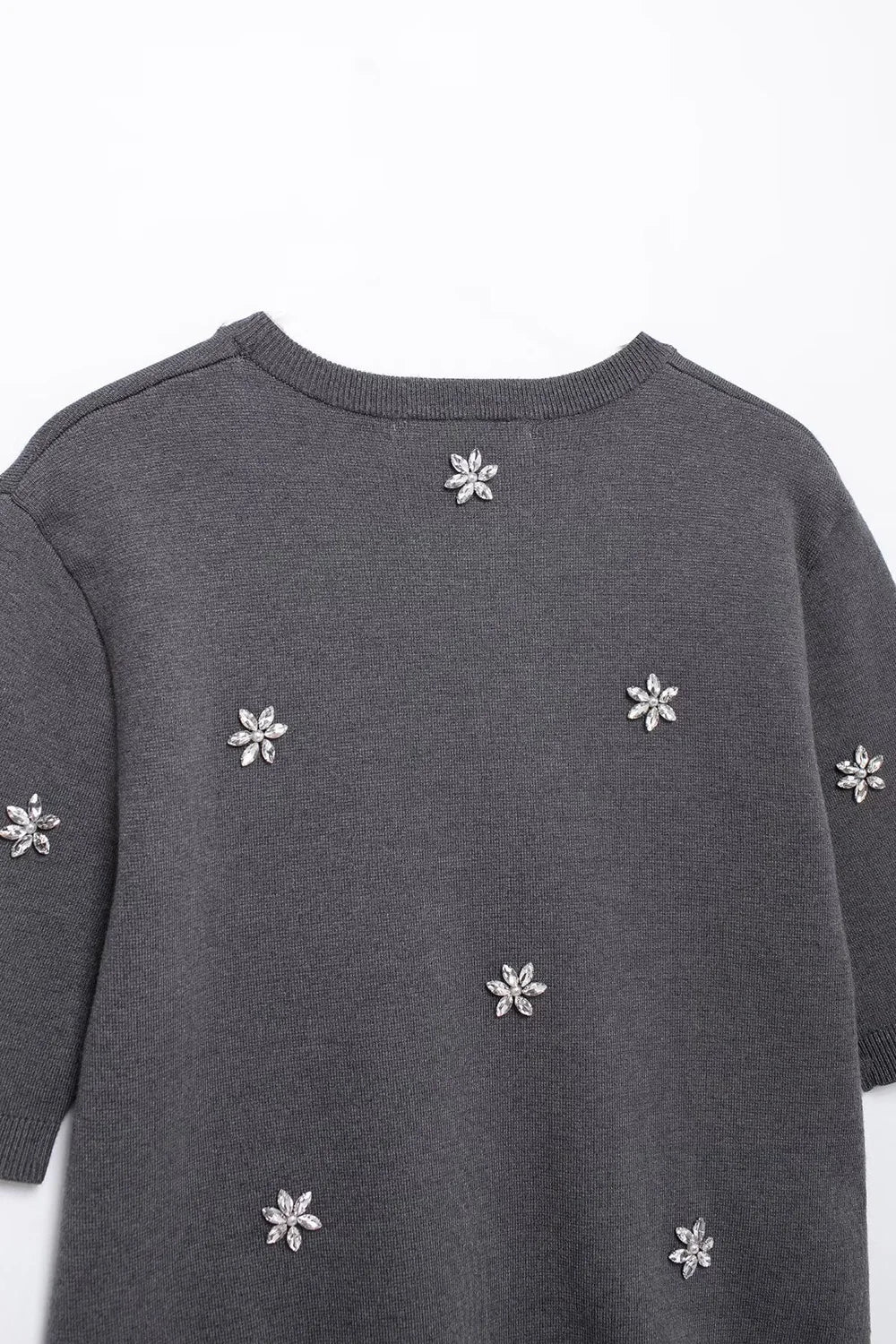 Womens Studded Flower Knit Set with Short Sleeve Round Neck Top and Elastic Waist Skirt Autumn Winter Fashion Ensemble