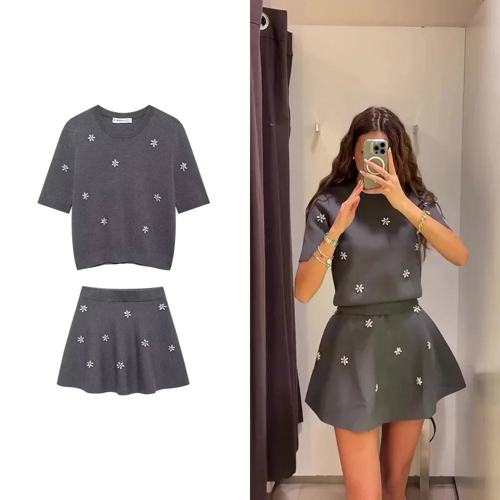 Womens Studded Flower Knit Set with Short Sleeve Round Neck Top and Elastic Waist Skirt Autumn Winter Fashion Ensemble