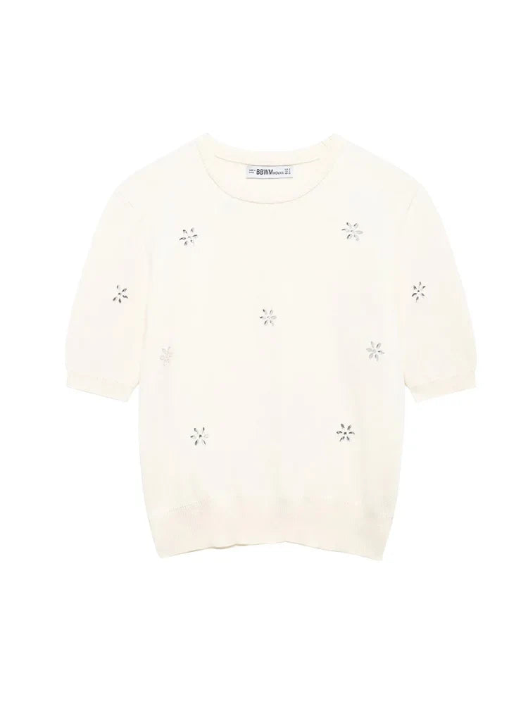 Womens Studded Flower Knit Set with Short Sleeve Round Neck Top and Elastic Waist Skirt Autumn Winter Fashion Ensemble