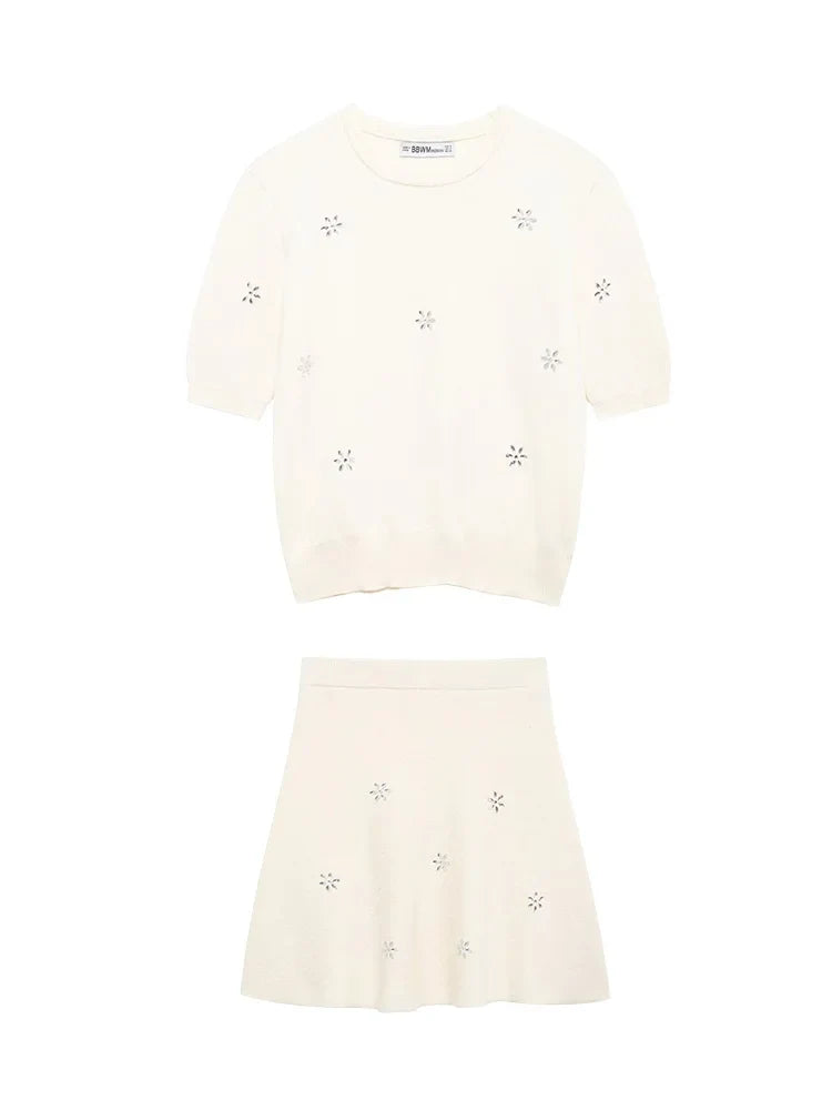 Womens Studded Flower Knit Set with Short Sleeve Round Neck Top and Elastic Waist Skirt Autumn Winter Fashion Ensemble