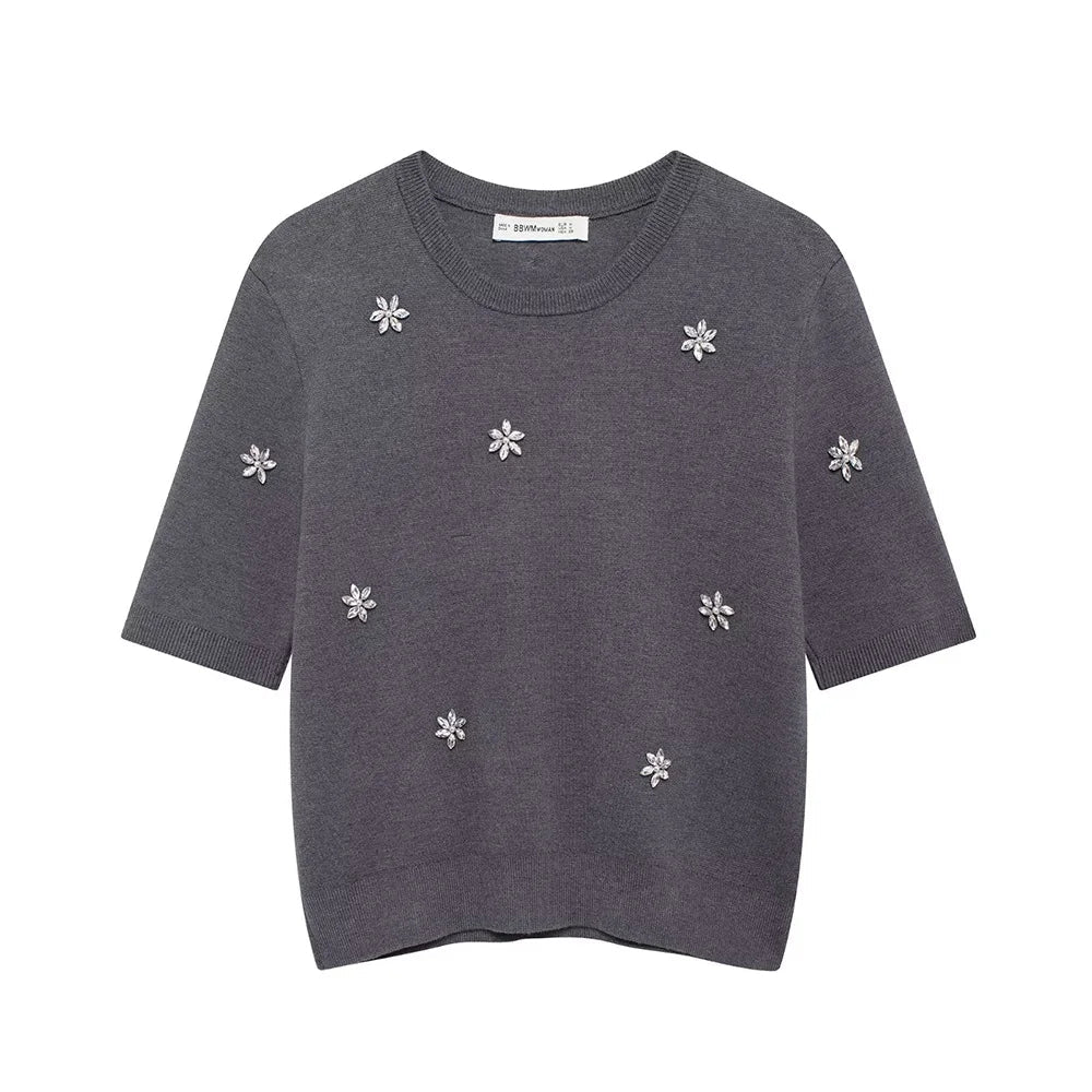 Womens Studded Flower Knit Set with Short Sleeve Round Neck Top and Elastic Waist Skirt Autumn Winter Fashion Ensemble