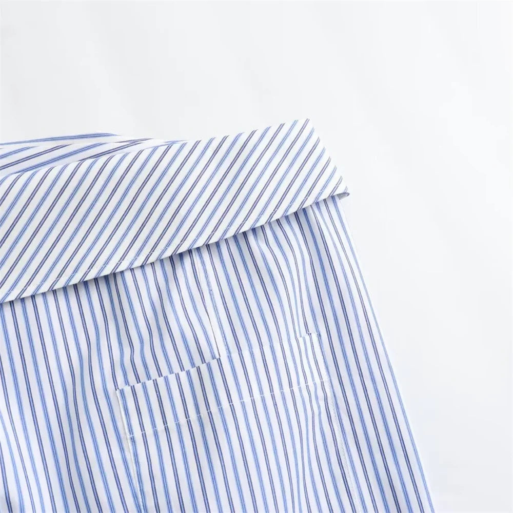 Sexy Striped Poplin Hanging Neck Top with Asymmetric Midi Skirt Set for Women Elegant Slimming Fit Fashion Ensemble