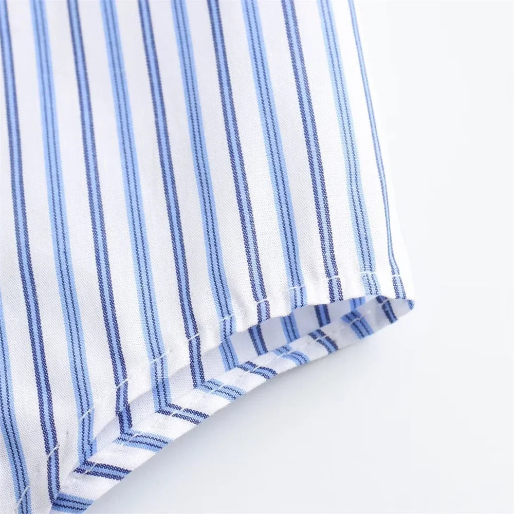 Sexy Striped Poplin Hanging Neck Top with Asymmetric Midi Skirt Set for Women Elegant Slimming Fit Fashion Ensemble