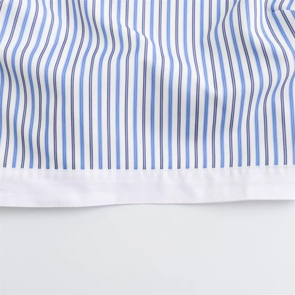 Sexy Striped Poplin Hanging Neck Top with Asymmetric Midi Skirt Set for Women Elegant Slimming Fit Fashion Ensemble