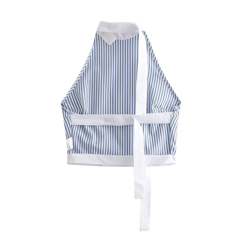 Sexy Striped Poplin Hanging Neck Top with Asymmetric Midi Skirt Set for Women Elegant Slimming Fit Fashion Ensemble