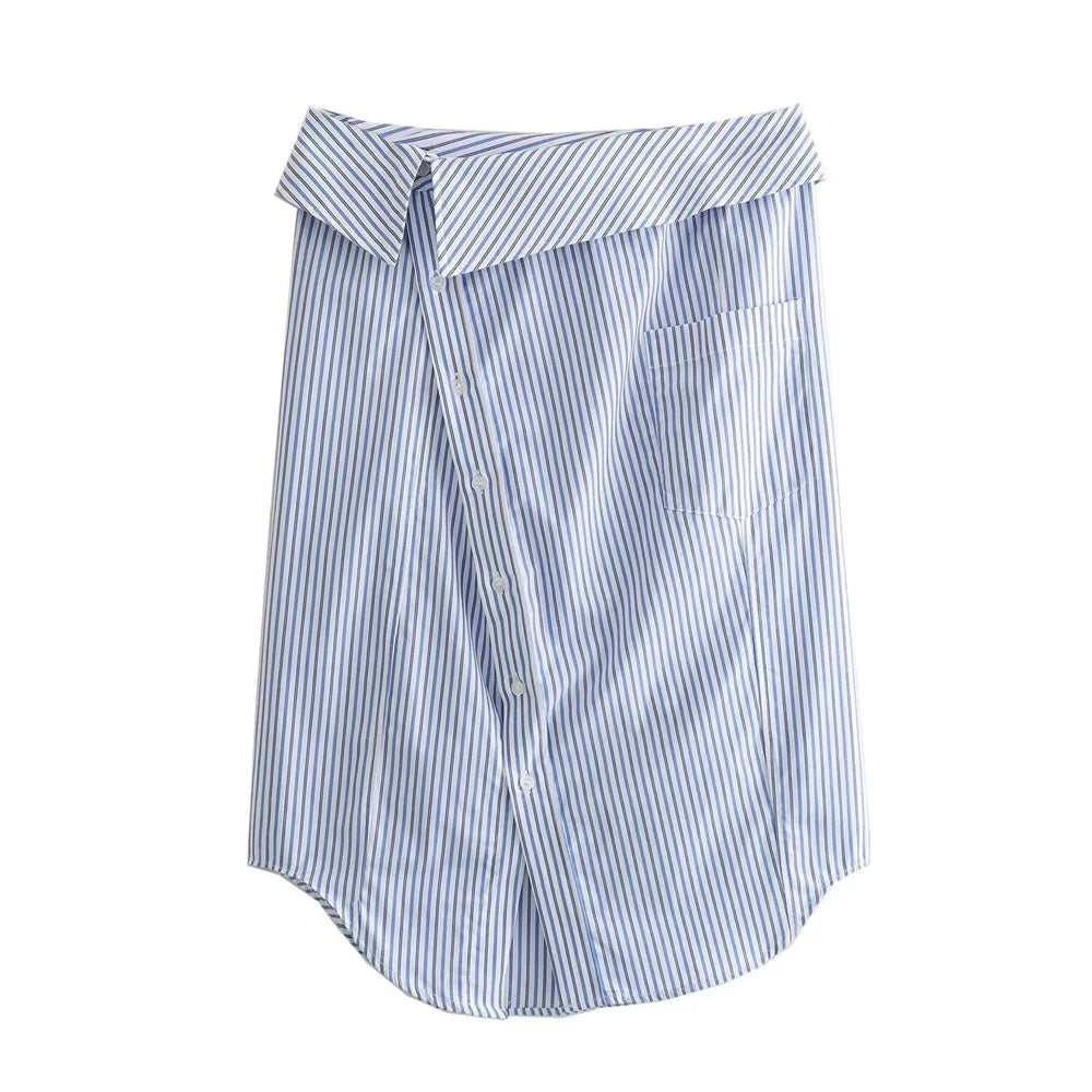 Sexy Striped Poplin Hanging Neck Top with Asymmetric Midi Skirt Set for Women Elegant Slimming Fit Fashion Ensemble