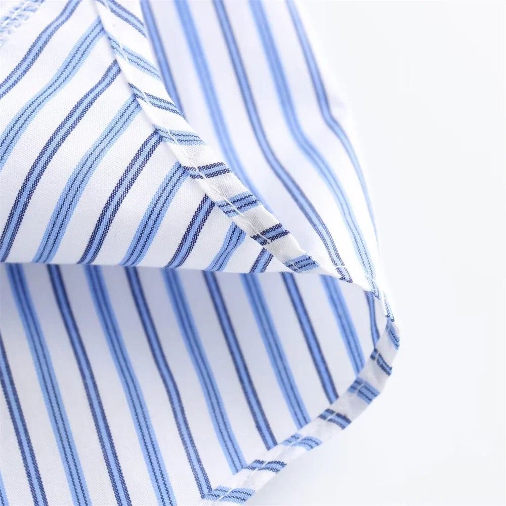 Sexy Striped Poplin Hanging Neck Top with Asymmetric Midi Skirt Set for Women Elegant Slimming Fit Fashion Ensemble