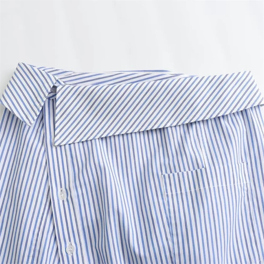 Sexy Striped Poplin Hanging Neck Top with Asymmetric Midi Skirt Set for Women Elegant Slimming Fit Fashion Ensemble