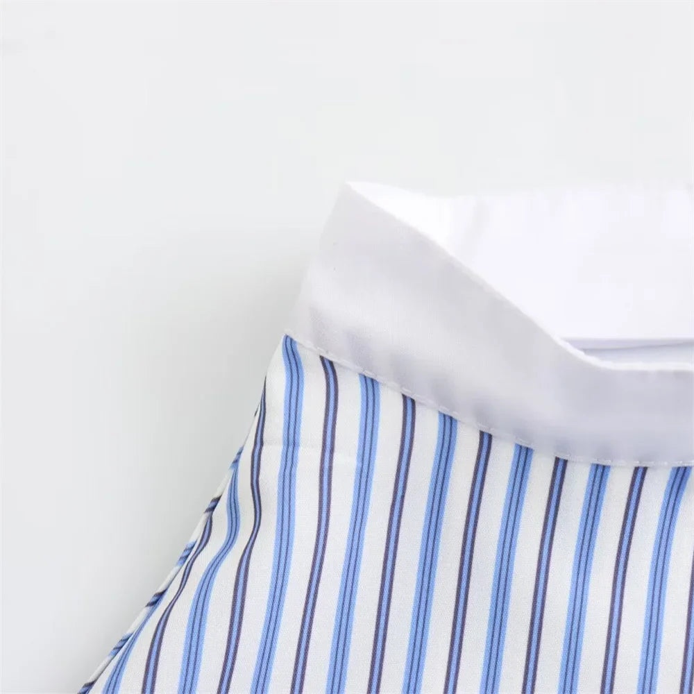 Sexy Striped Poplin Hanging Neck Top with Asymmetric Midi Skirt Set for Women Elegant Slimming Fit Fashion Ensemble