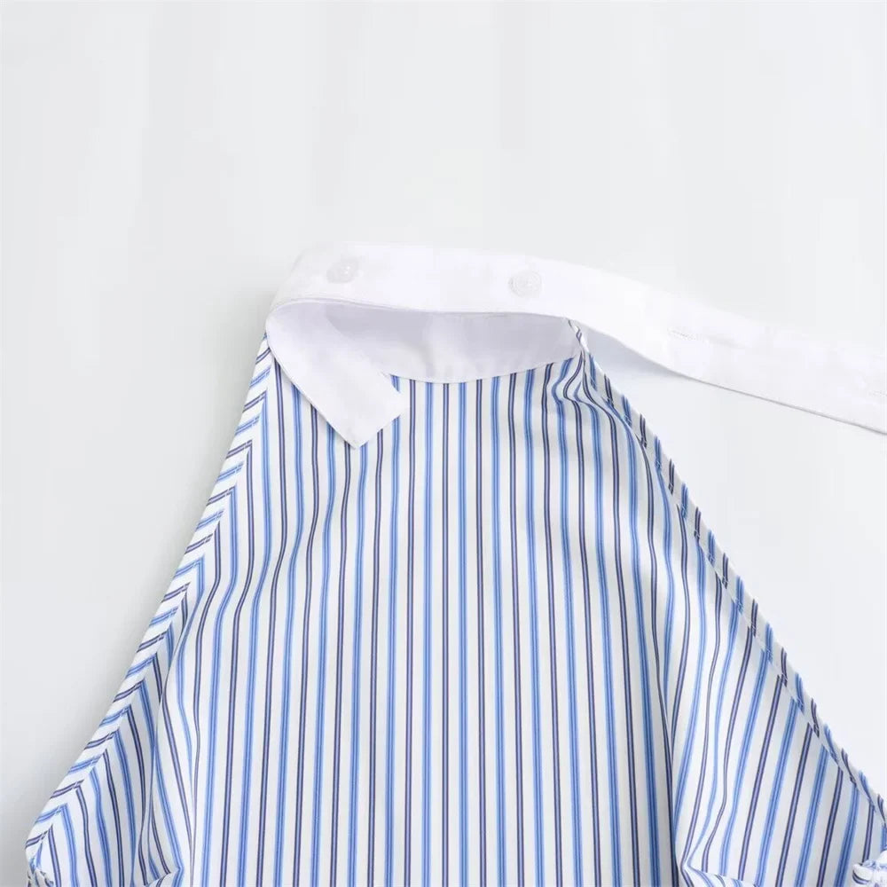 Sexy Striped Poplin Hanging Neck Top with Asymmetric Midi Skirt Set for Women Elegant Slimming Fit Fashion Ensemble