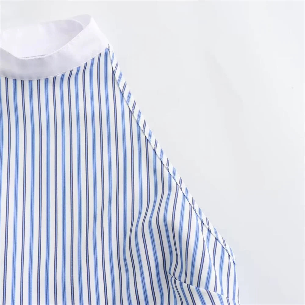 Sexy Striped Poplin Hanging Neck Top with Asymmetric Midi Skirt Set for Women Elegant Slimming Fit Fashion Ensemble