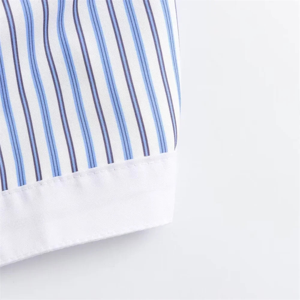 Sexy Striped Poplin Hanging Neck Top with Asymmetric Midi Skirt Set for Women Elegant Slimming Fit Fashion Ensemble