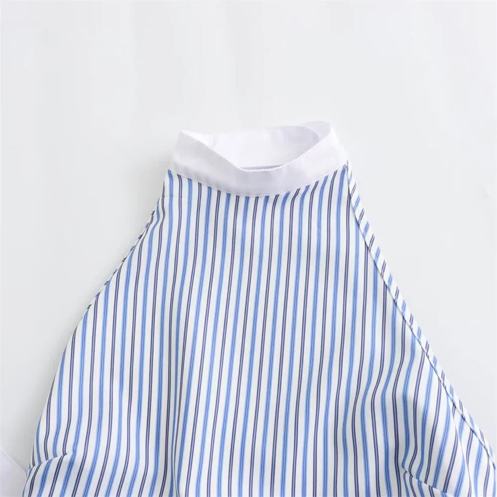 Sexy Striped Poplin Hanging Neck Top with Asymmetric Midi Skirt Set for Women Elegant Slimming Fit Fashion Ensemble