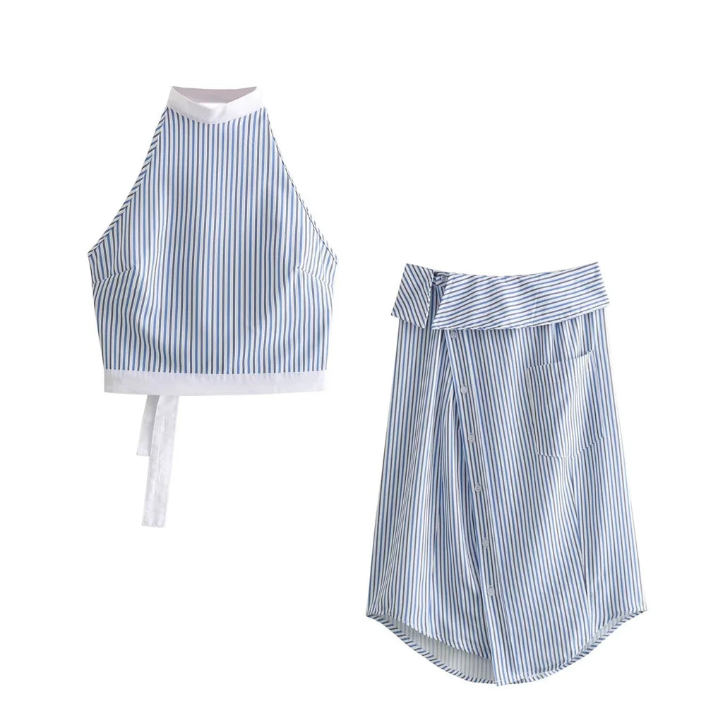 Sexy Striped Poplin Hanging Neck Top with Asymmetric Midi Skirt Set for Women Elegant Slimming Fit Fashion Ensemble