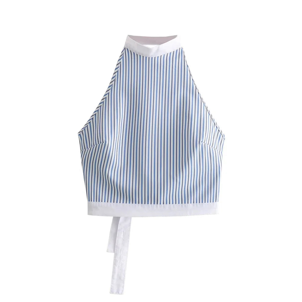 Sexy Striped Poplin Hanging Neck Top with Asymmetric Midi Skirt Set for Women Elegant Slimming Fit Fashion Ensemble