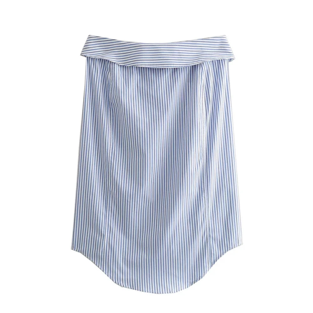 Sexy Striped Poplin Hanging Neck Top with Asymmetric Midi Skirt Set for Women Elegant Slimming Fit Fashion Ensemble