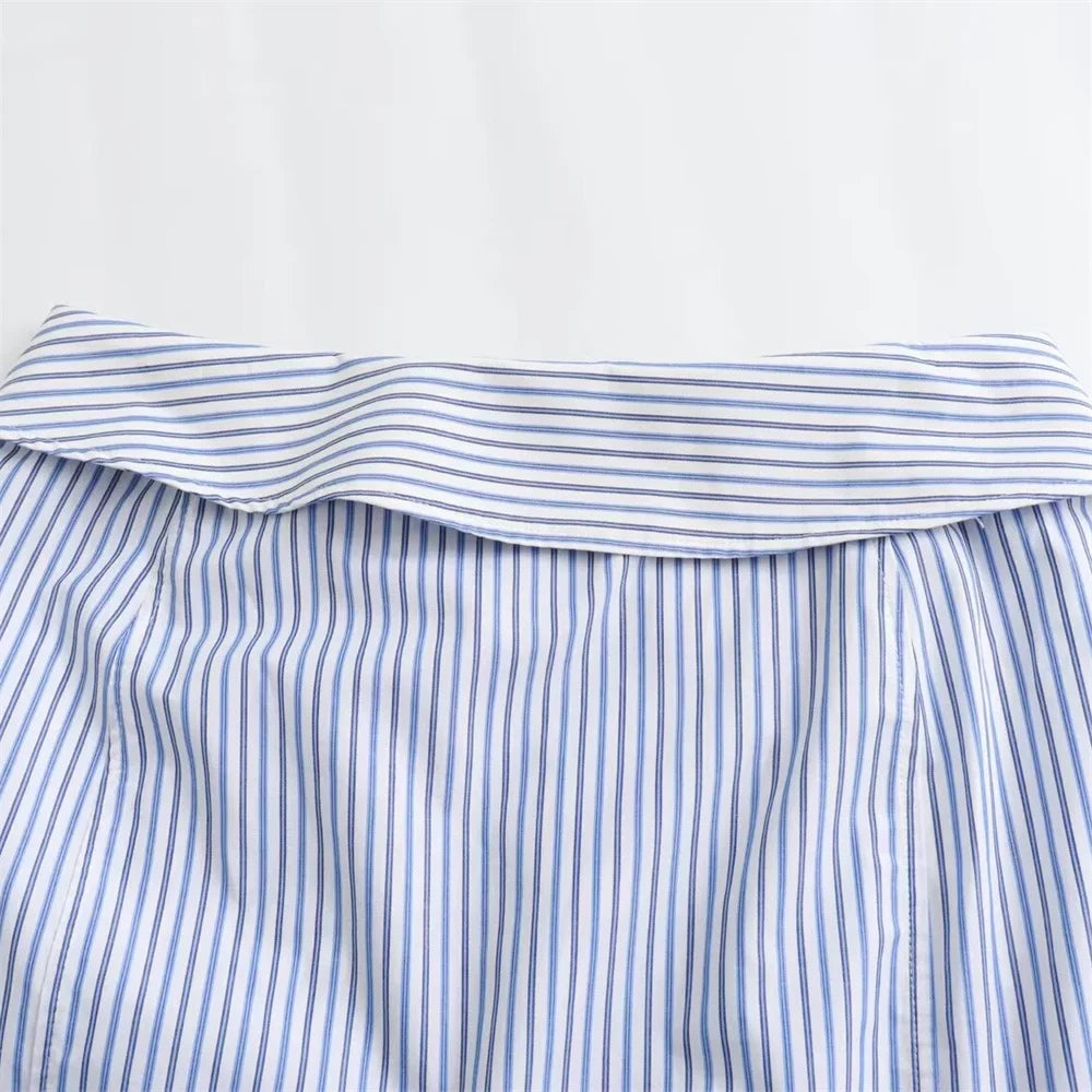 Sexy Striped Poplin Hanging Neck Top with Asymmetric Midi Skirt Set for Women Elegant Slimming Fit Fashion Ensemble