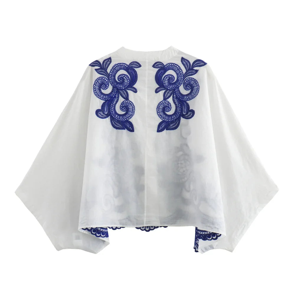 Women's Casual Loose Cloak Style Contrast Embroidered Shirt and Midi Skirt Fashion Set for Autumn