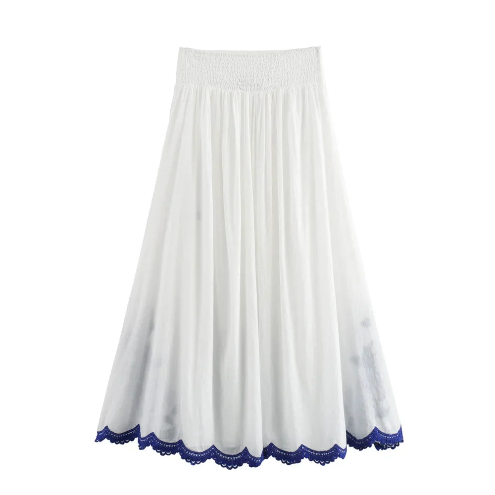 Women's Casual Loose Cloak Style Contrast Embroidered Shirt and Midi Skirt Fashion Set for Autumn