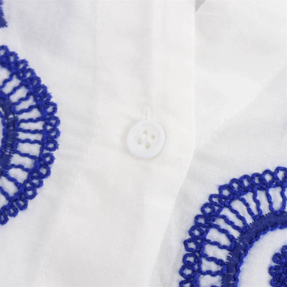 Women's Casual Loose Cloak Style Contrast Embroidered Shirt and Midi Skirt Fashion Set for Autumn