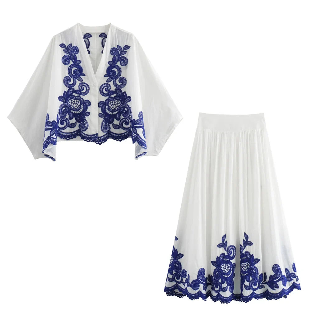 Women's Casual Loose Cloak Style Contrast Embroidered Shirt and Midi Skirt Fashion Set for Autumn