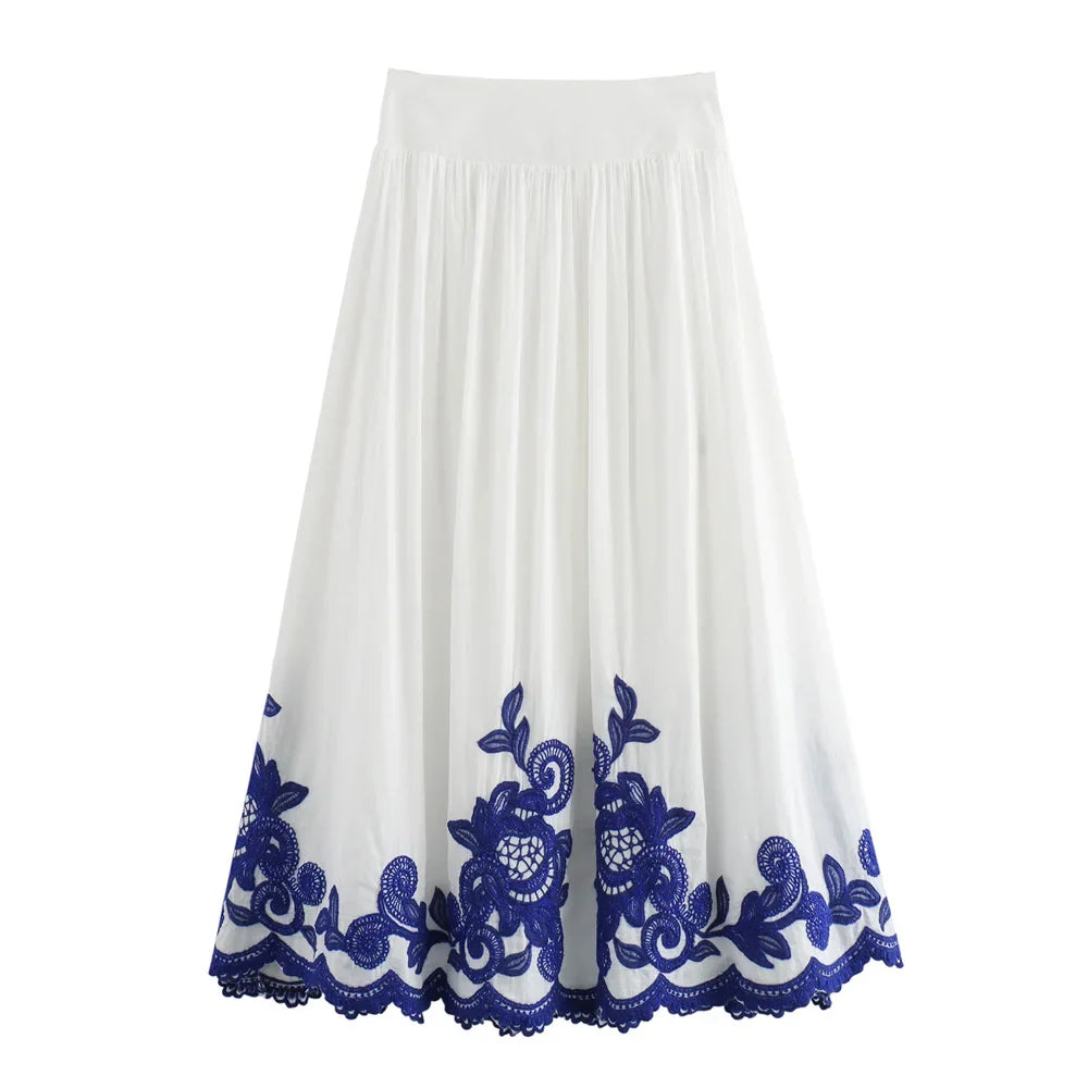 Women's Casual Loose Cloak Style Contrast Embroidered Shirt and Midi Skirt Fashion Set for Autumn