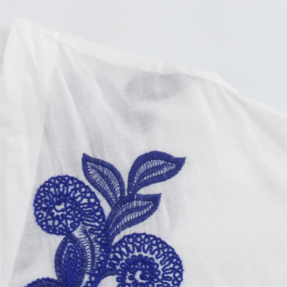 Women's Casual Loose Cloak Style Contrast Embroidered Shirt and Midi Skirt Fashion Set for Autumn