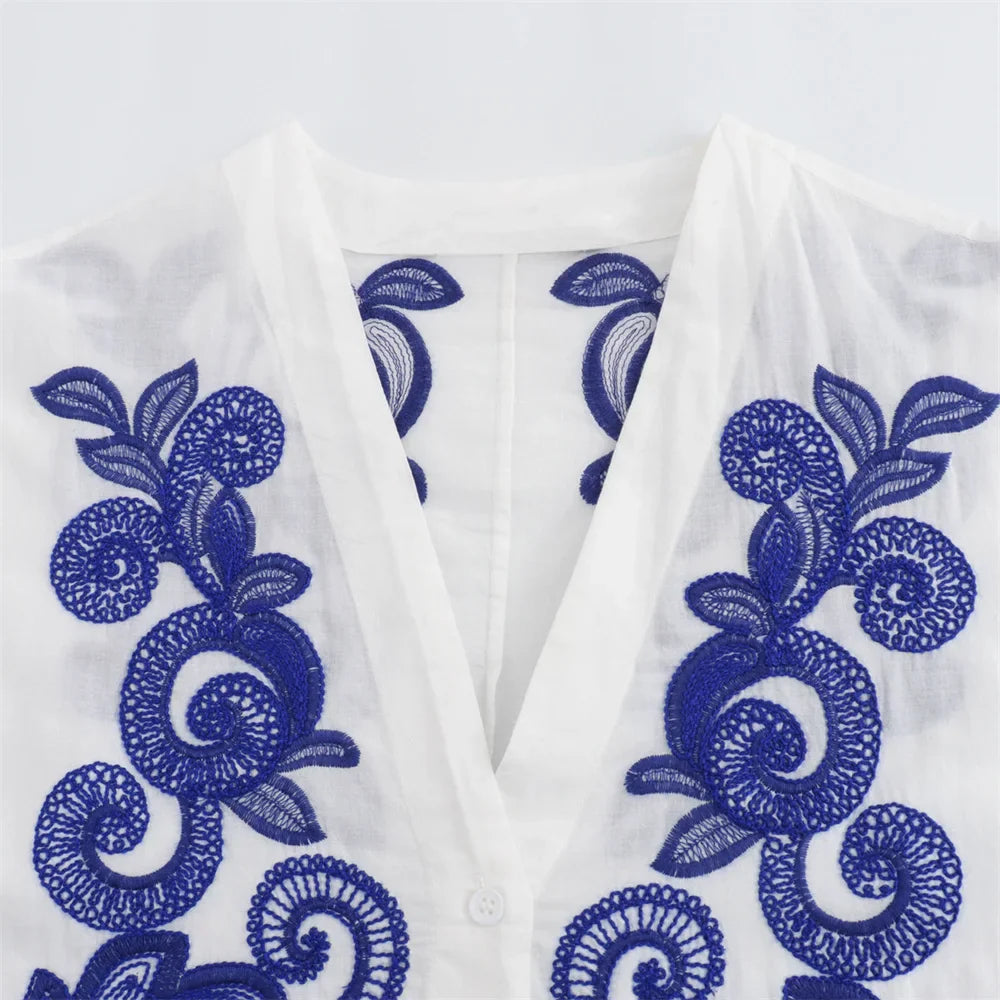 Women's Casual Loose Cloak Style Contrast Embroidered Shirt and Midi Skirt Fashion Set for Autumn