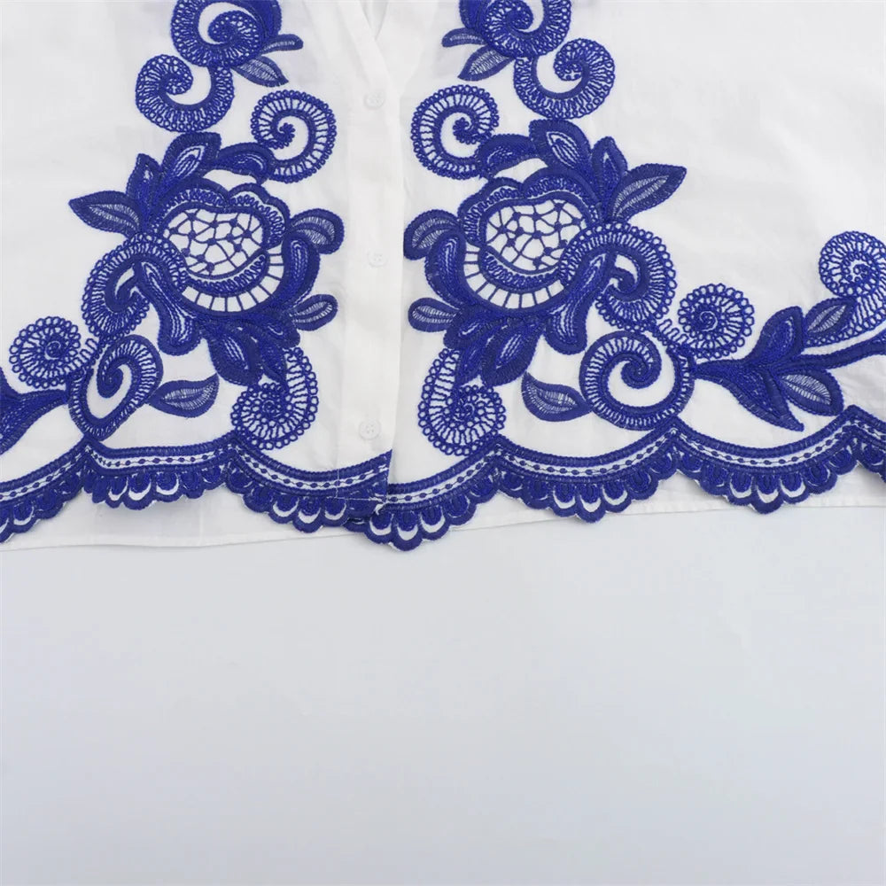 Women's Casual Loose Cloak Style Contrast Embroidered Shirt and Midi Skirt Fashion Set for Autumn