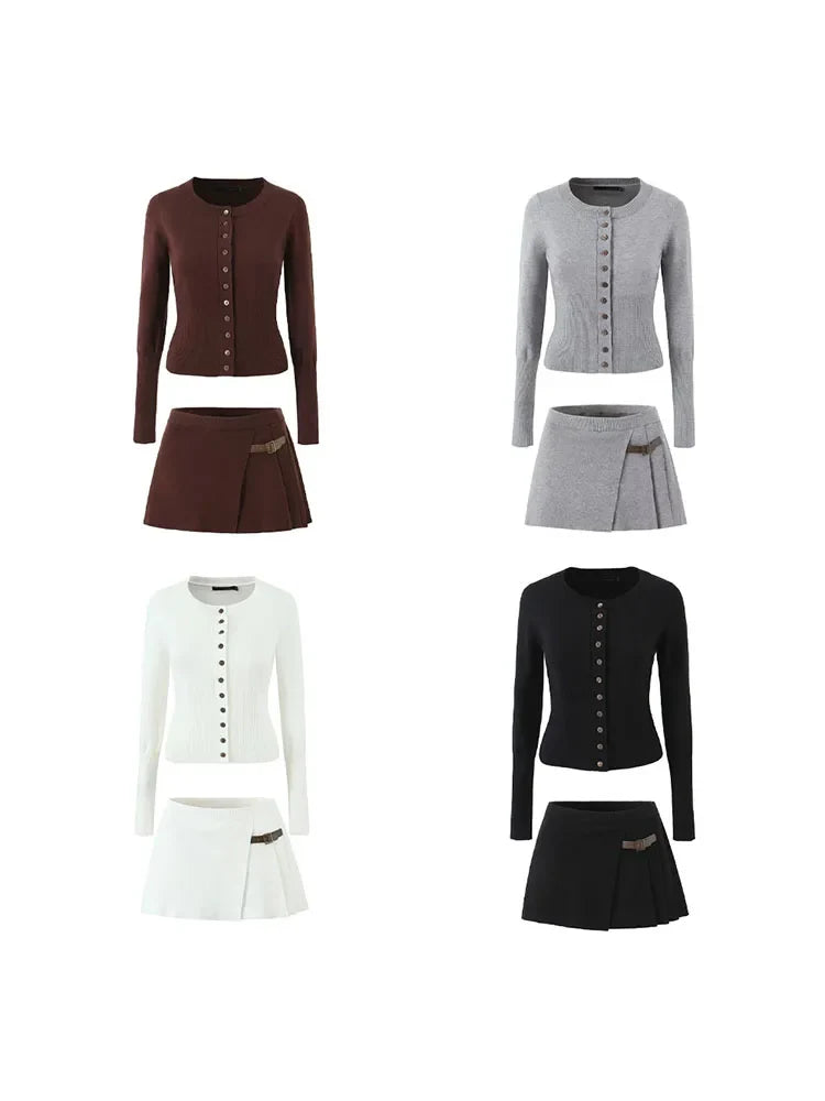 Women's Knitted Buttoned Long Sleeve Round Neck Cardigan with High Waist Pleated Leather Button Skirt Fashion Suit Set
