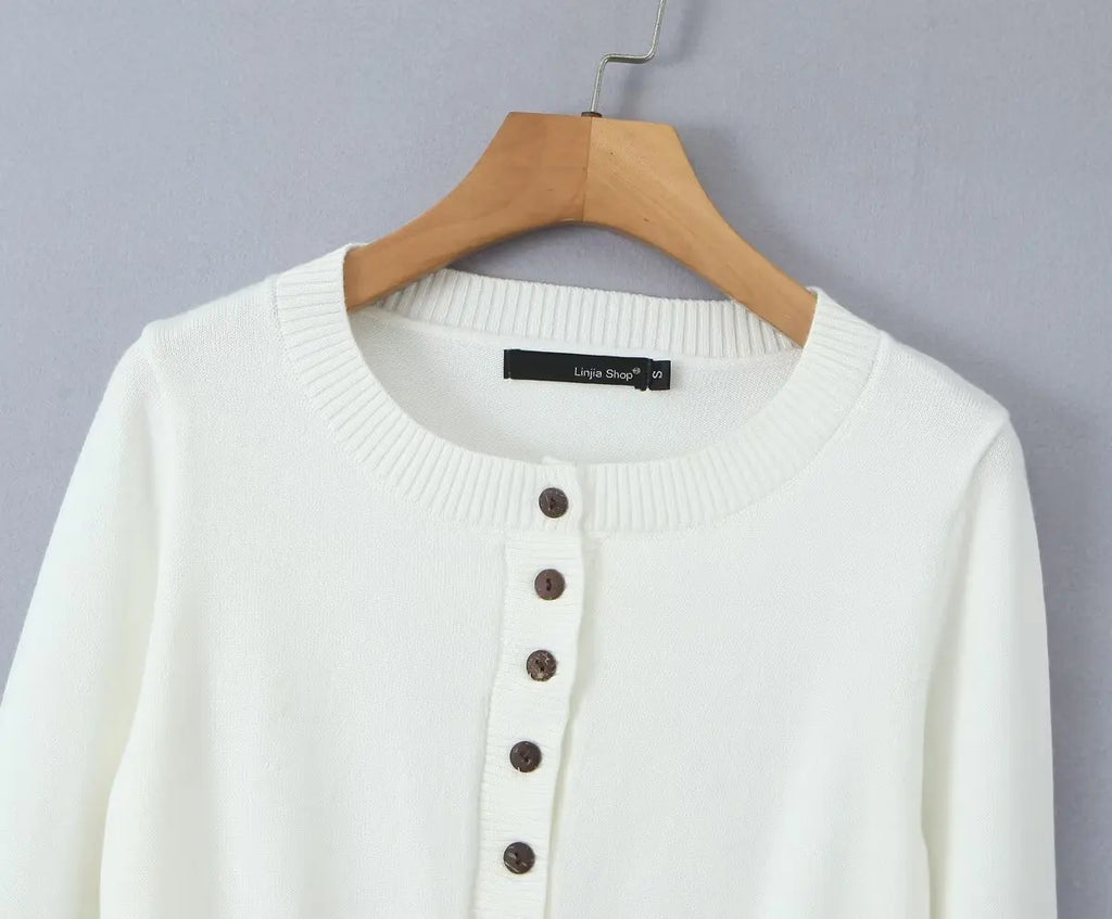 Women's Knitted Buttoned Long Sleeve Round Neck Cardigan with High Waist Pleated Leather Button Skirt Fashion Suit Set