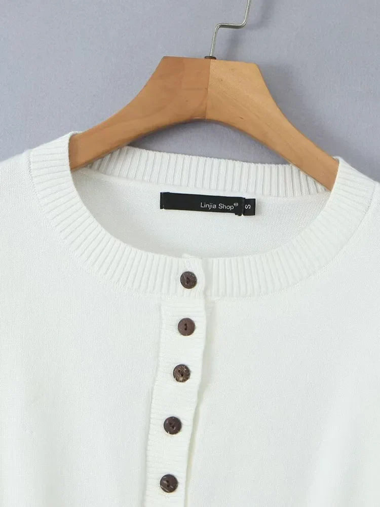 Women's Knitted Buttoned Long Sleeve Round Neck Cardigan with High Waist Pleated Leather Button Skirt Fashion Suit Set