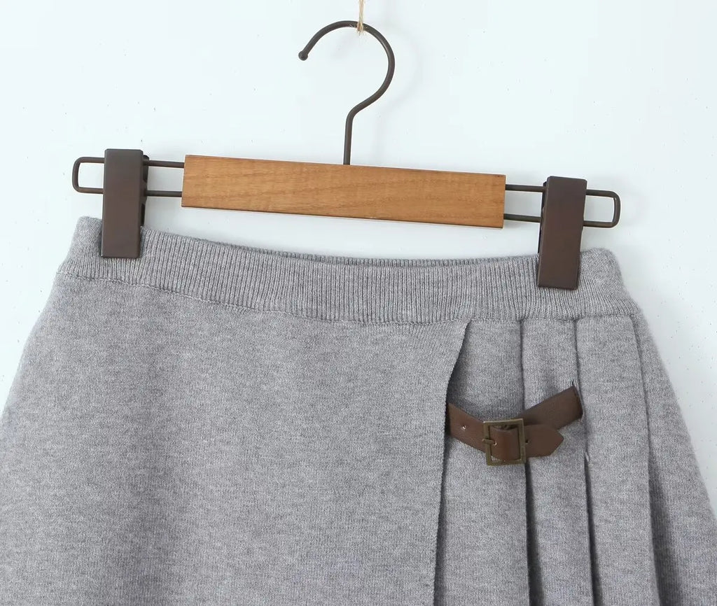 Women's Knitted Buttoned Long Sleeve Round Neck Cardigan with High Waist Pleated Leather Button Skirt Fashion Suit Set