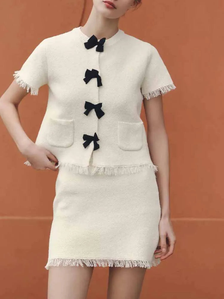 Women's Spring Knitted Short-Sleeved Jacket and Skirt Set with Bow Accent and Round Neck